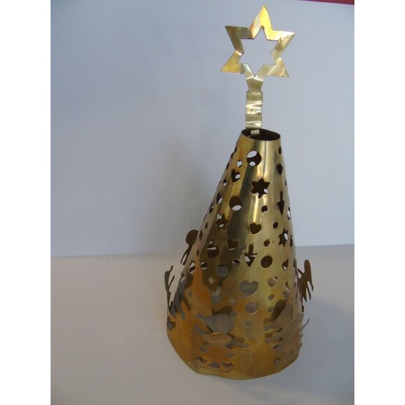 Vtg Brass Christmas Tree Six "Pushed Out" Children Star Topper Cut Our Circles - Picture 1 of 4